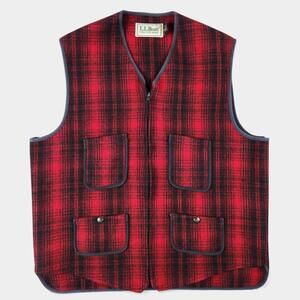 VTG LL Bean Wool Vest Mens Large Long Red Black Plaid Zip Front Hunting Made USA